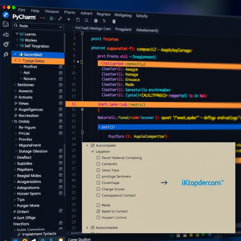 PyCharm IDE interface displaying intelligent code completion suggestions in a Python editor with highlighted syntax and autocomplete dropdown menu