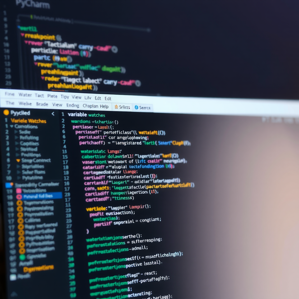PyCharm debugging interface showing breakpoints, variable watches, and debug console with Python code being analyzed in real-time