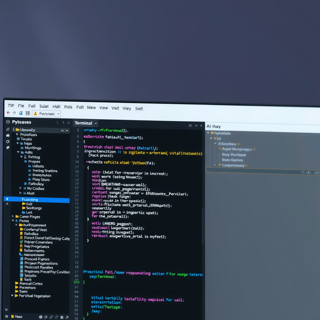 PyCharm IDE interface showing a Python development environment with code editor, project structure panel, and integrated terminal displaying virtual environment setup