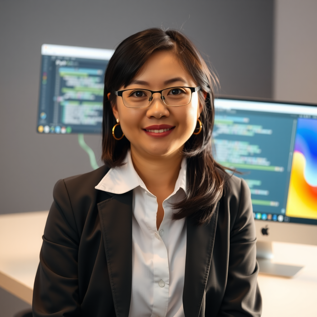 Sarah Chen, Senior Python Developer and Technical Editor, wearing professional attire with PyCharm IDE visible on laptop screen in background