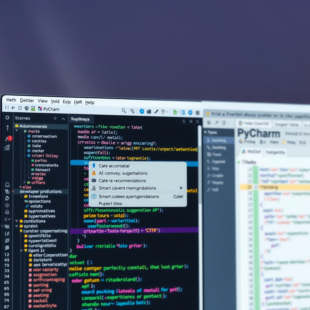 PyCharm IDE interface showcasing intelligent code completion feature with AI-powered suggestions dropdown, Python code with type hints, autocomplete menu showing context-aware recommendations, smart code analysis indicators, and modern developer workspace setup
