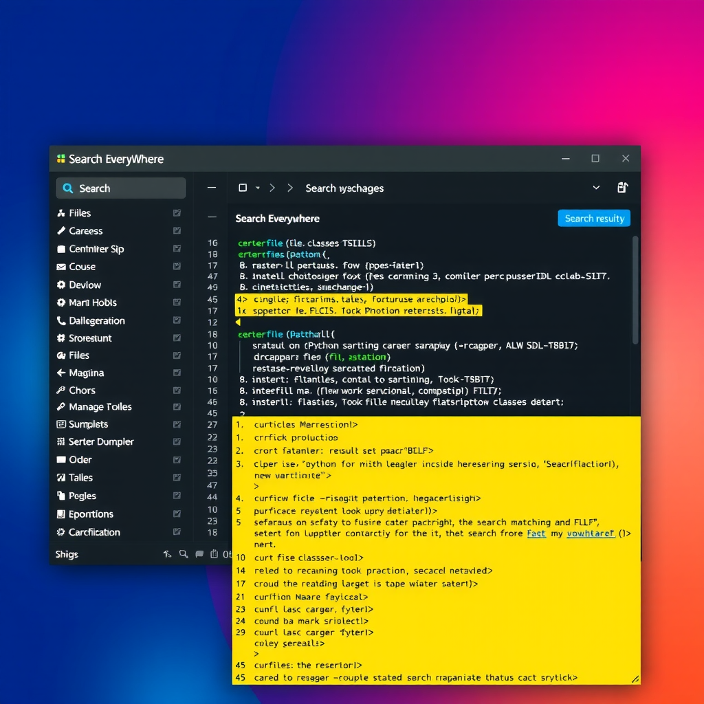 PyCharm Search Everywhere dialog box showing search results for Python files, classes, and methods with fuzzy matching highlighting relevant code locations