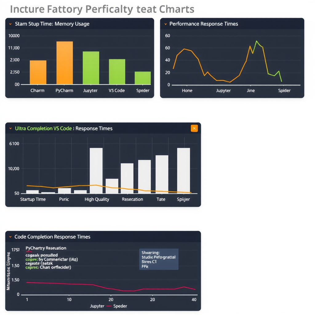 Detailed performance benchmark charts showing startup time, memory usage, indexing speed, and code completion response times across PyCharm, VS Code, Jupyter, and Spyder with bar graphs and line charts
