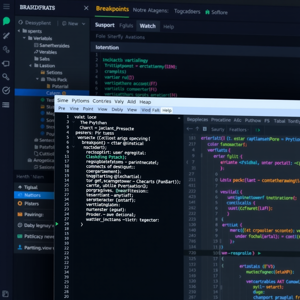 PyCharm debugger interface showing breakpoints panel, variables watch window, and interactive console with Python code execution, featuring professional dark theme with teal and blue highlighting for active debugging session