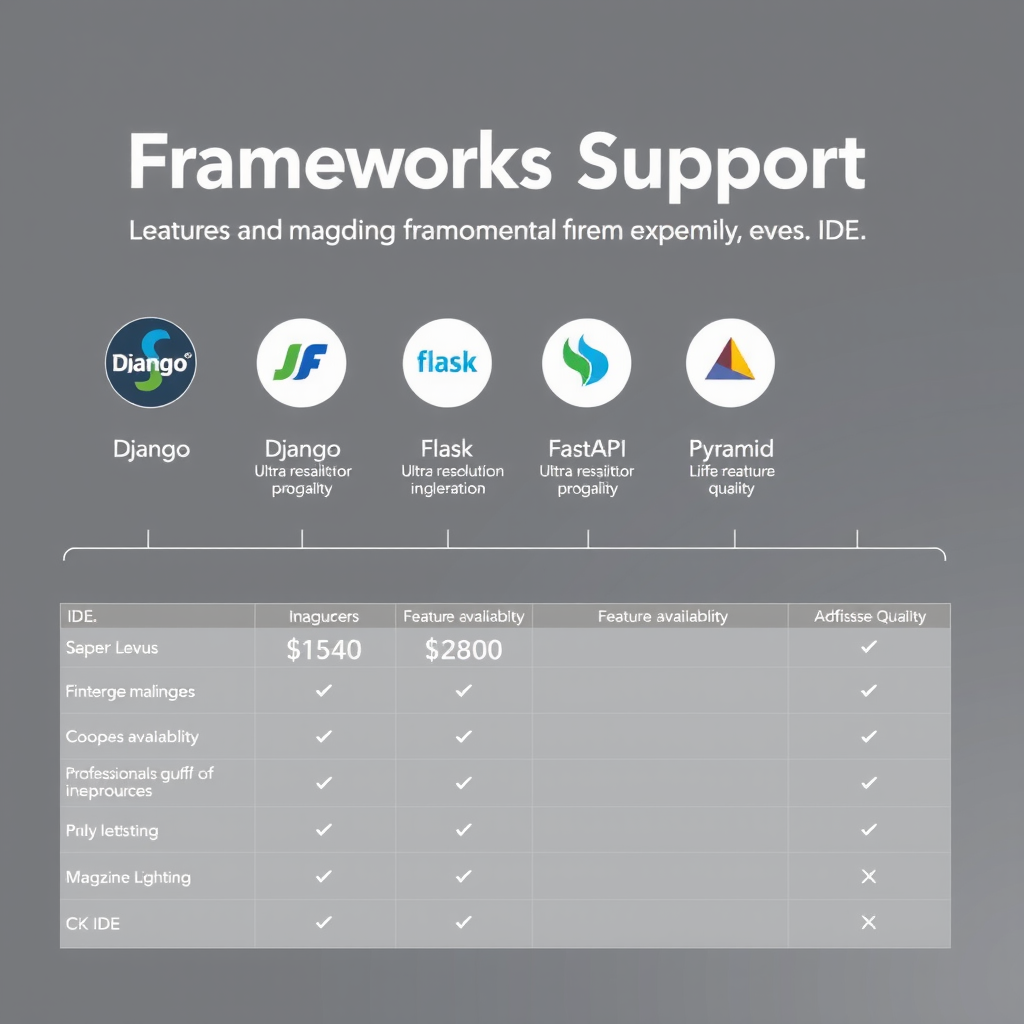 Visual representation of framework support showing Django, Flask, FastAPI, and Pyramid logos with integration level indicators and feature availability charts for each IDE