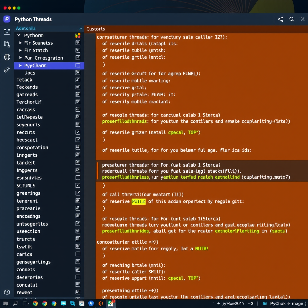 PyCharm threads panel showing multiple Python threads with their call stacks and current execution points during debugging
