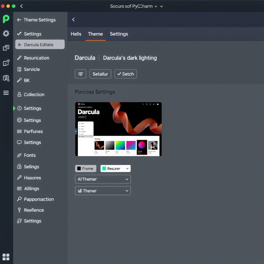 PyCharm settings panel showing theme selection options with preview of Darcula dark theme, including color scheme editor and font customization settings