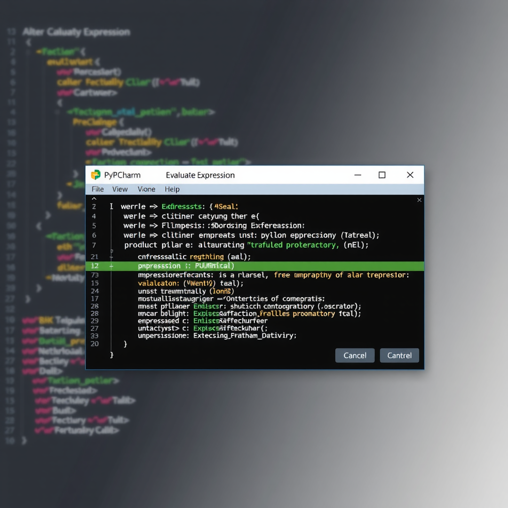 PyCharm evaluate expression dialog showing a complex Python expression being evaluated with syntax highlighting