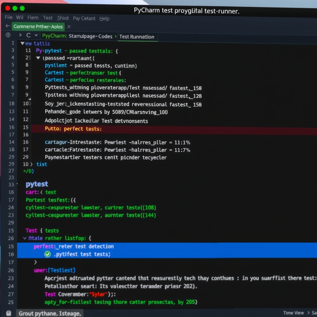 PyCharm test runner interface showing pytest execution results with green checkmarks for passed tests, test duration metrics, and integrated code coverage visualization